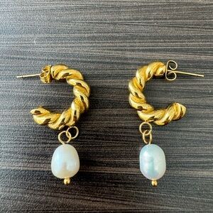 Gold Twisted Hoop Earrings with White Pearl Drops